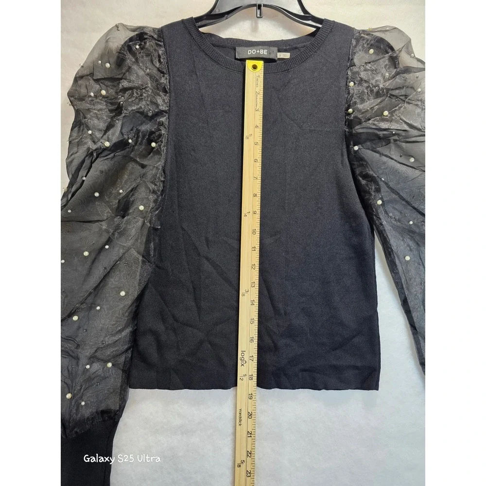 DO+BE Black Knit Pearl Embellished Sheer Puff Sleeve Top Y23569 Mens S - Picture 6 of 12